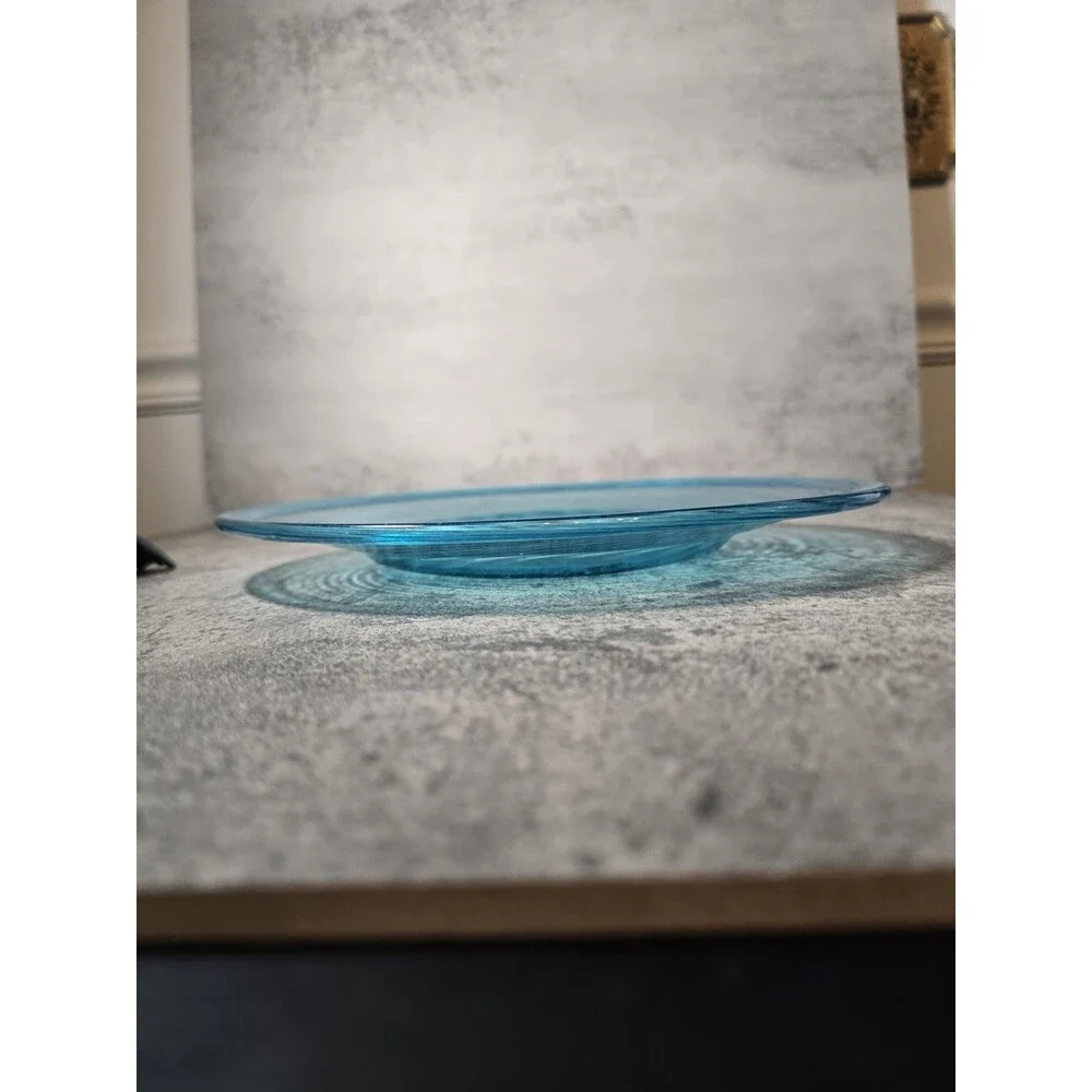 RARE 10” Blown Aqua Blue Glass Shallow Bowl With  Optic Swirl/Folded Rim Vintage